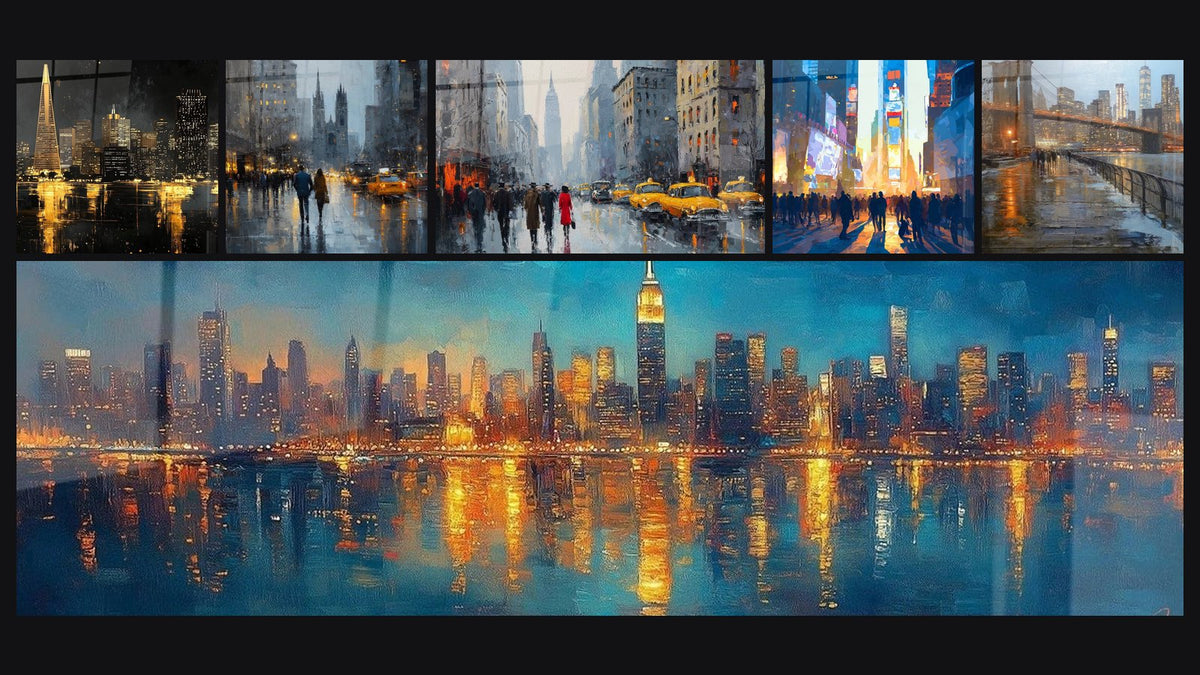 Mozaïek van zes schilderijen, waaronder Métropole Gouden Glitters en New York Elektrische Droom