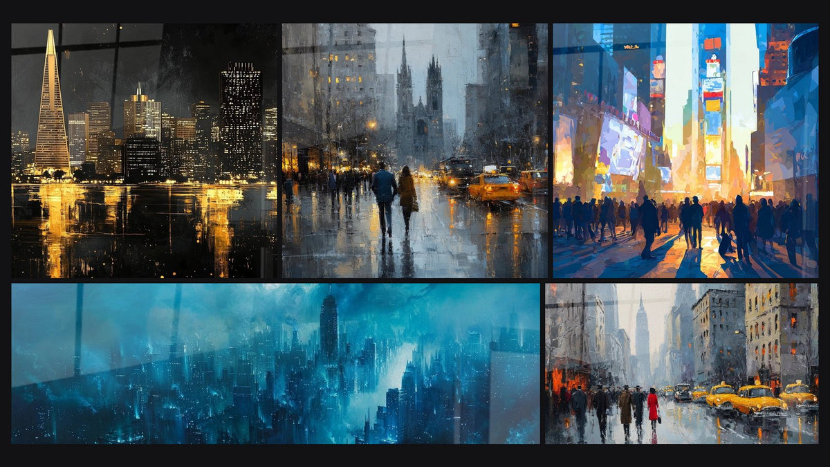 Mosaico di cinque quadri, tra cui Metropoli Bagliori Dorati e Strada di New York sotto la pioggia