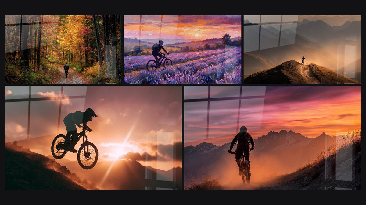 Mosaïque de cinq tableaux, dont VTT Automne, VTT Champs de Lavande et VTT Saut Coucher de Soleil