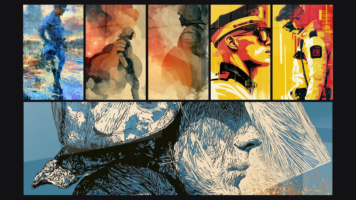 Mosaic of six paintings, including Riot Police ocher and anthracite in flames and Officer beret yellow and black intense