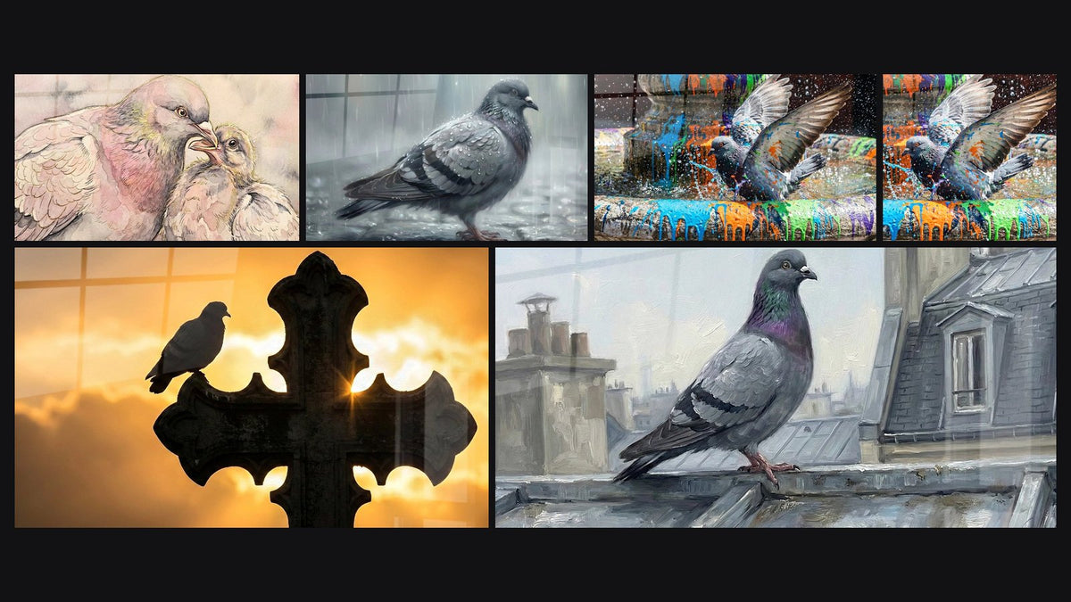 Mosaïque de six tableaux, dont Pigeon Gris sous la Pluie Urbaine