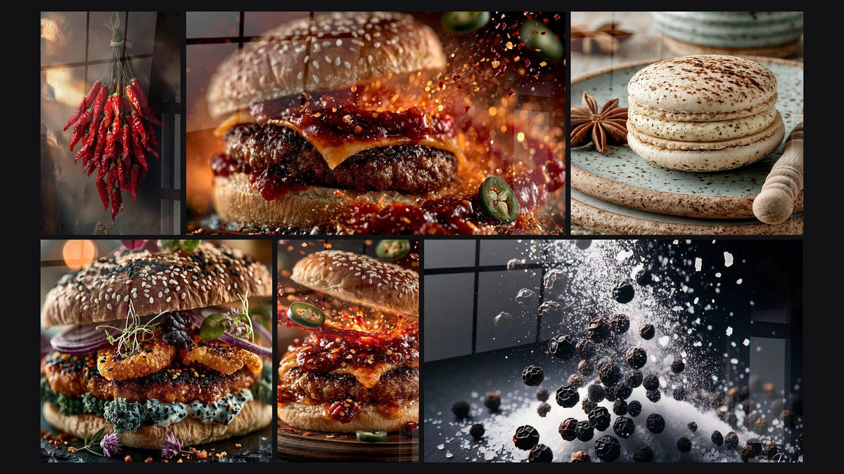 Mosaïque de six tableaux, dont Piment N°1, Poivre et Sel et Macaron ivoire moucheté et badiane brune