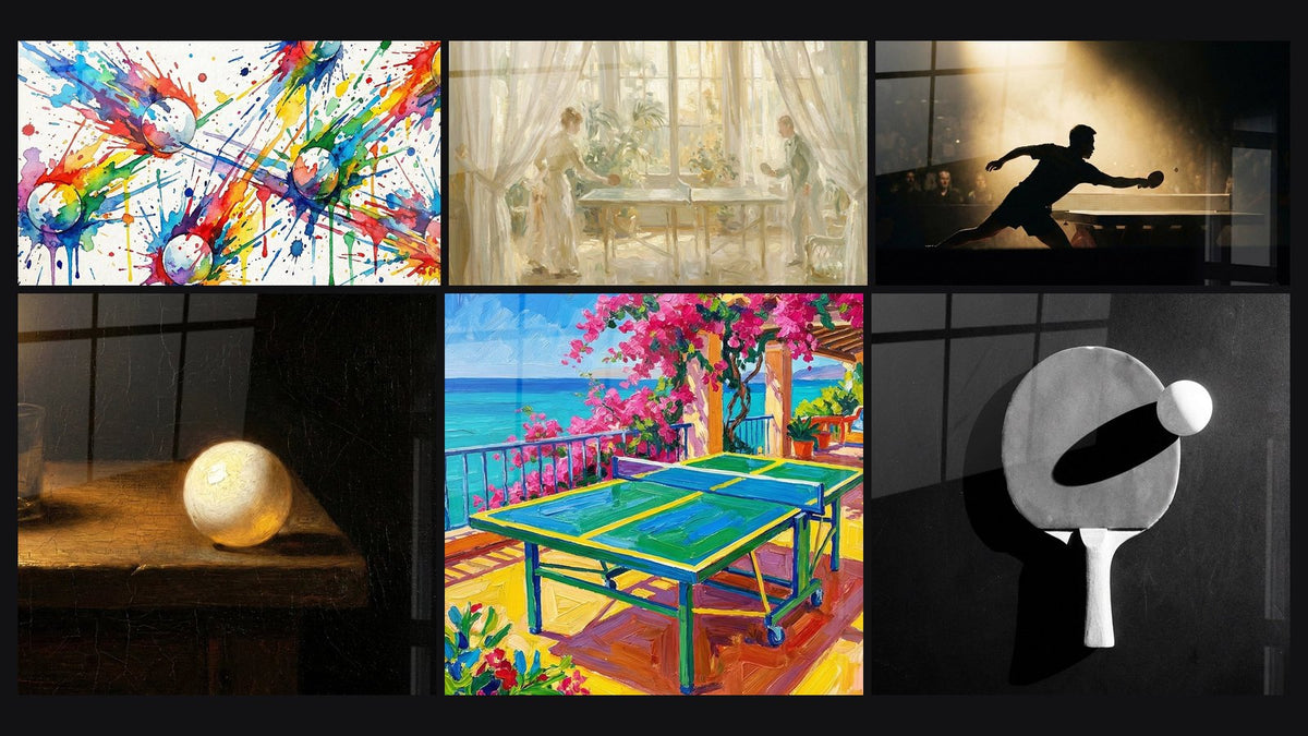 Mosaïque de six tableaux, dont Ping Pong Abstrait, Intérieur Bourgeois et Balle de Ping Pong