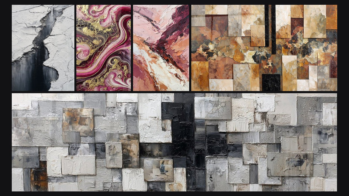 Mosaico di cinque quadri, tra cui Crepaccio Glaciale Grigio e Nero e Fiamme Porpora