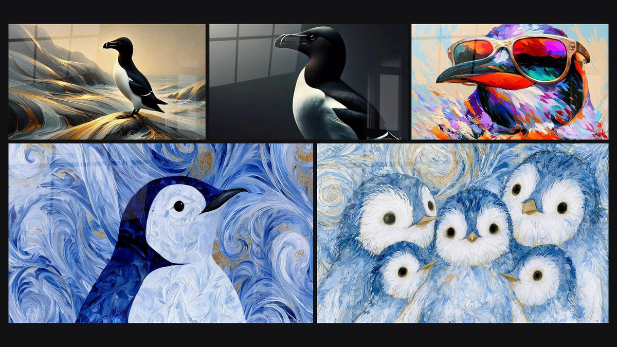 Mosaïque de cinq tableaux, dont L'élégance de l'aube, Sentinelle Noire et Pingouin lunettes orange et violet
