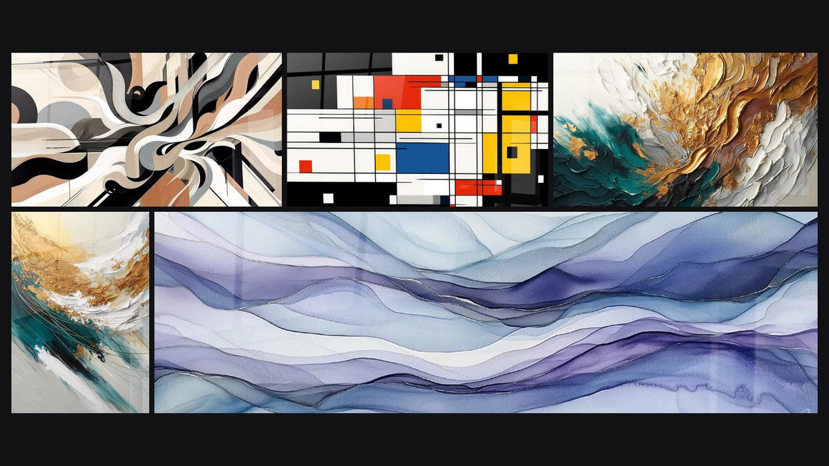 Mosaïque de cinq tableaux, dont Vibrations Graphiques, Crête d'Or et d'Écume et Composition géométrique colorée