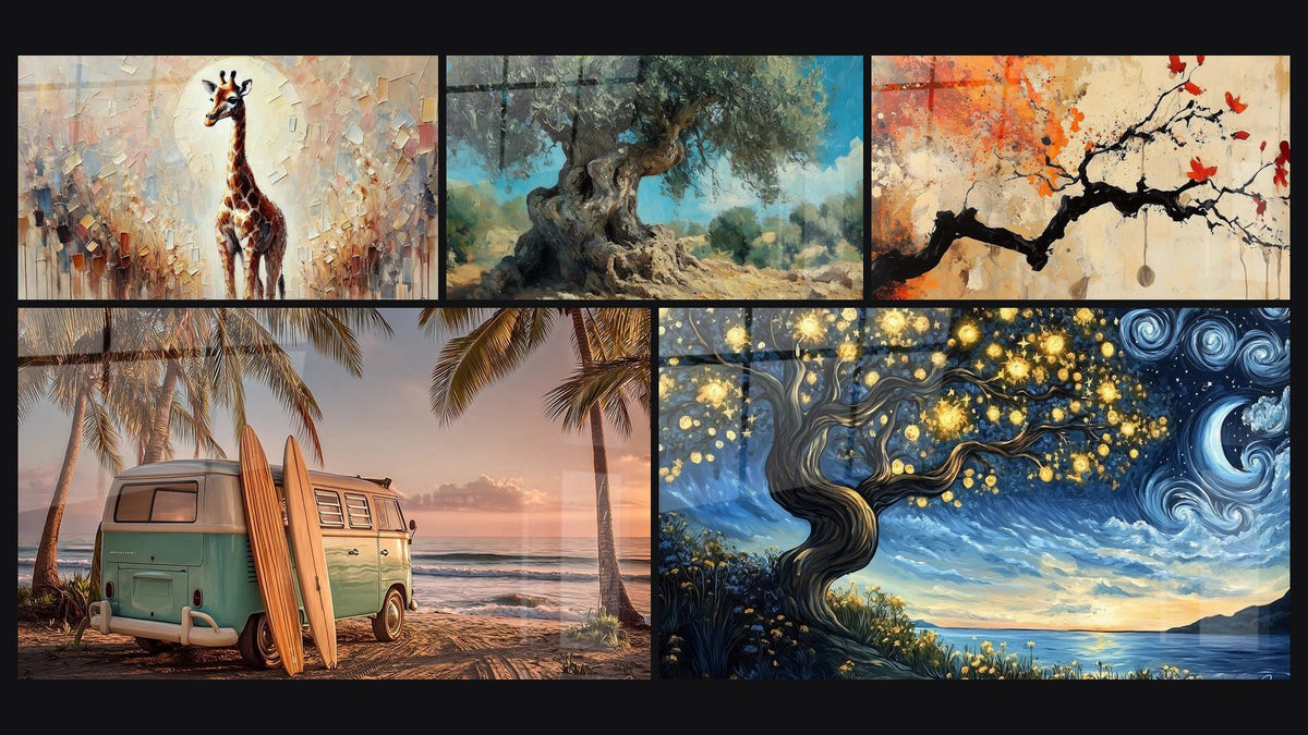 Mosaïque de cinq tableaux, dont Géante Poétique, Olivier Millénaire et Van Vintage et Planches de Surf
