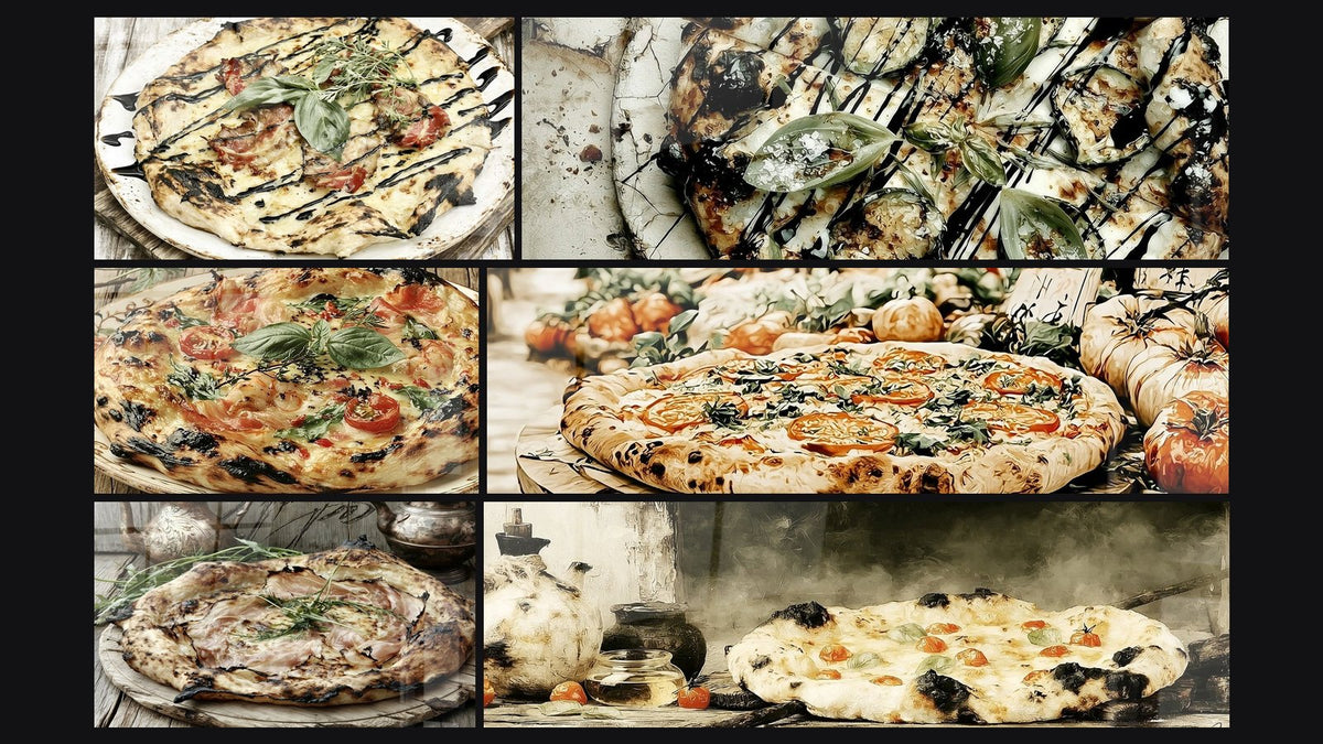 Mosaïque de six tableaux, dont Pizza dorée aux herbes fraîches et jambon et Pizza dorée et noire aux tomates cerises