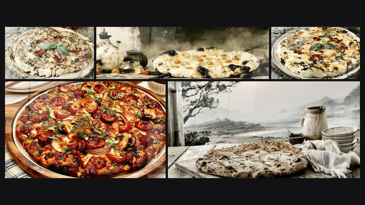 Mosaico de cinco cuadros, entre ellos Pizza con tomate y champiñones rústica y Pizza dorada sobre tabla de madera rústica