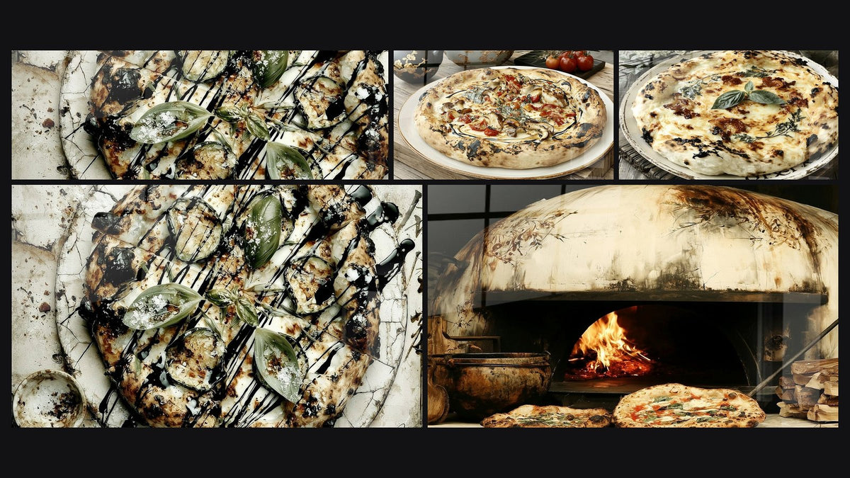 Mosaïque de cinq tableaux, dont Pizza blanche et noire aux tomates cerises et Four à bois blanc et flammes orangées