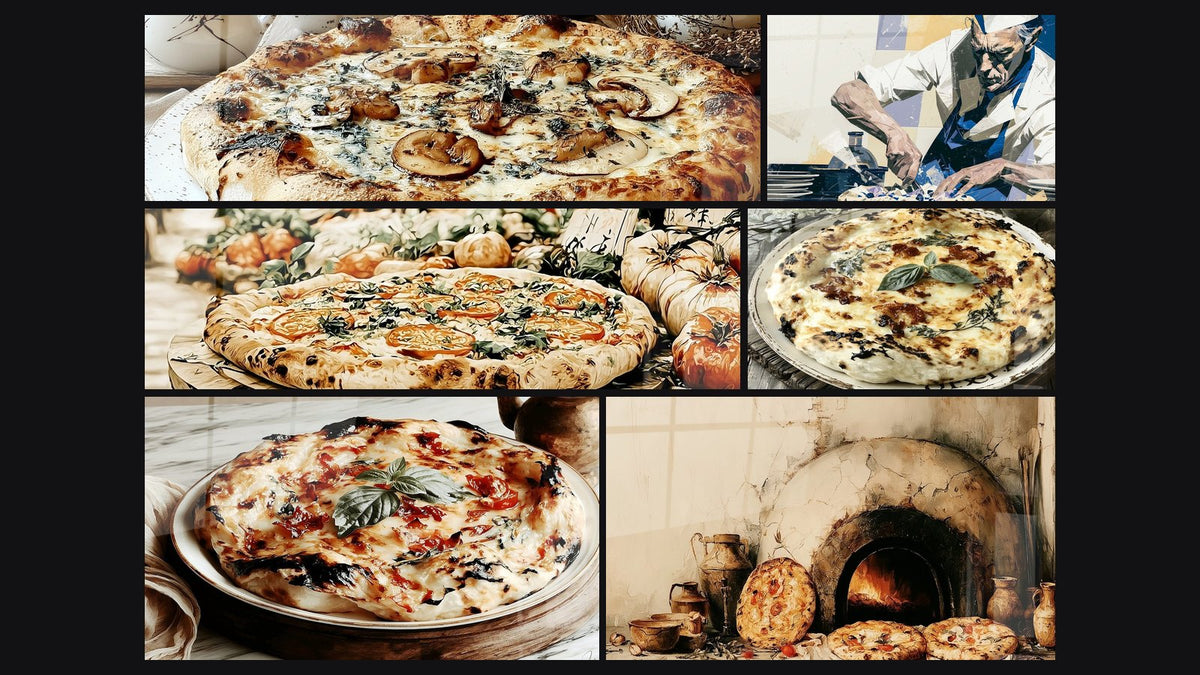 Mosaïque de six tableaux, dont Pizza artisanale aux tomates et basilic et Pizzaïolo bleu et beige au geste précis