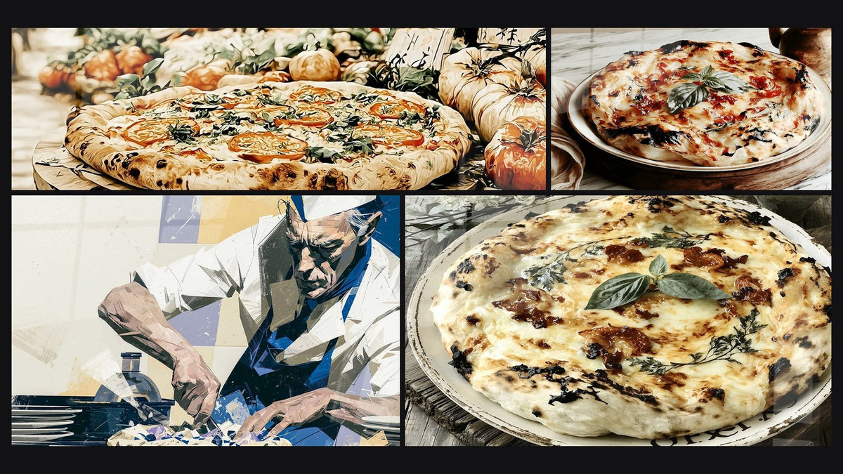 Mosaïque de quatre tableaux, dont Pizza artisanale aux tomates et basilic et Pizzaïolo bleu et beige au geste précis