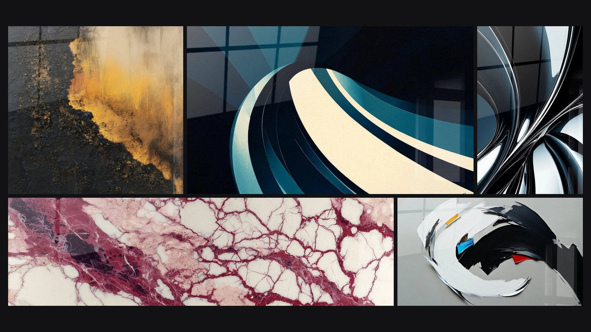 Mosaïque de cinq tableaux, dont Onde spiralée moderne, Veines pourpres et crème sur fond écru et Abstrait dynamique