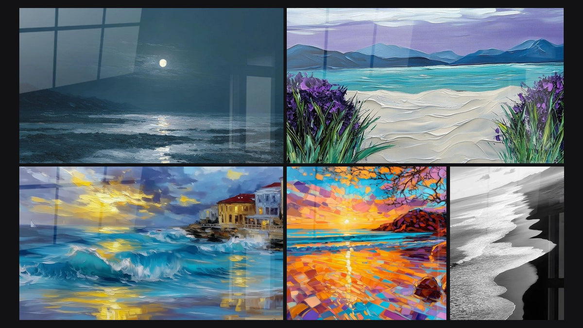 Mosaïque de cinq tableaux, dont Plage nocturne, Dunes Florales et Coucher de soleil côte méditerranéenne