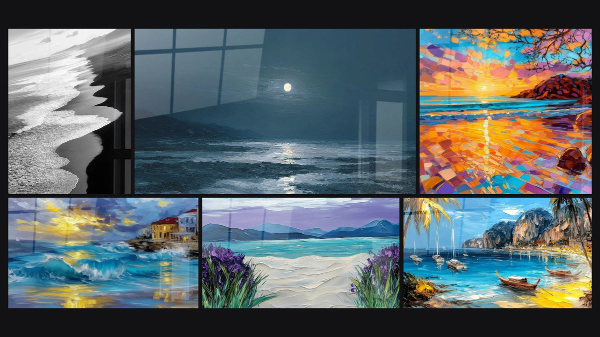 Mosaico de seis cuadros, entre ellos Playa Océano, Playa nocturna y Atardecer en Playa