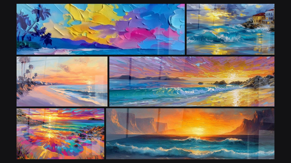 Mosaïque de six tableaux, dont Paysage Tropical Coucher de Soleil et Coucher de soleil côte méditerranéenne