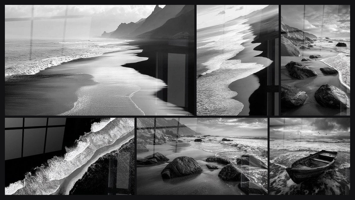 Mosaïque de six tableaux, dont Plage Sauvage, Plage vue aérienne et Plage rocheuse