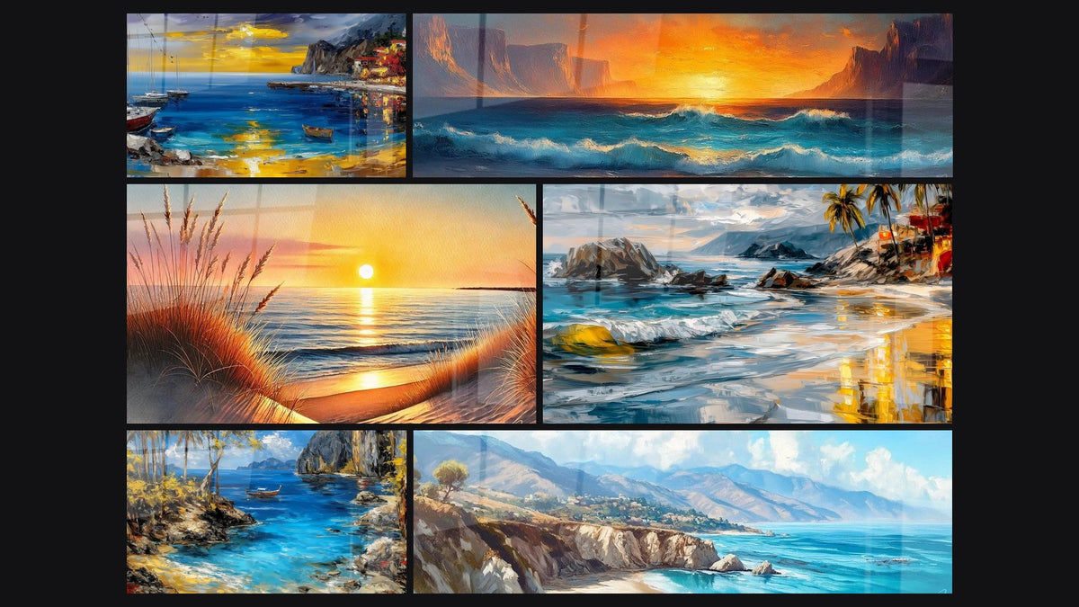 Mosaïque de six tableaux, dont Port méditerranéen au coucher de soleil, Quand le Jour S’endort et Coucher de Soleil Tropical
