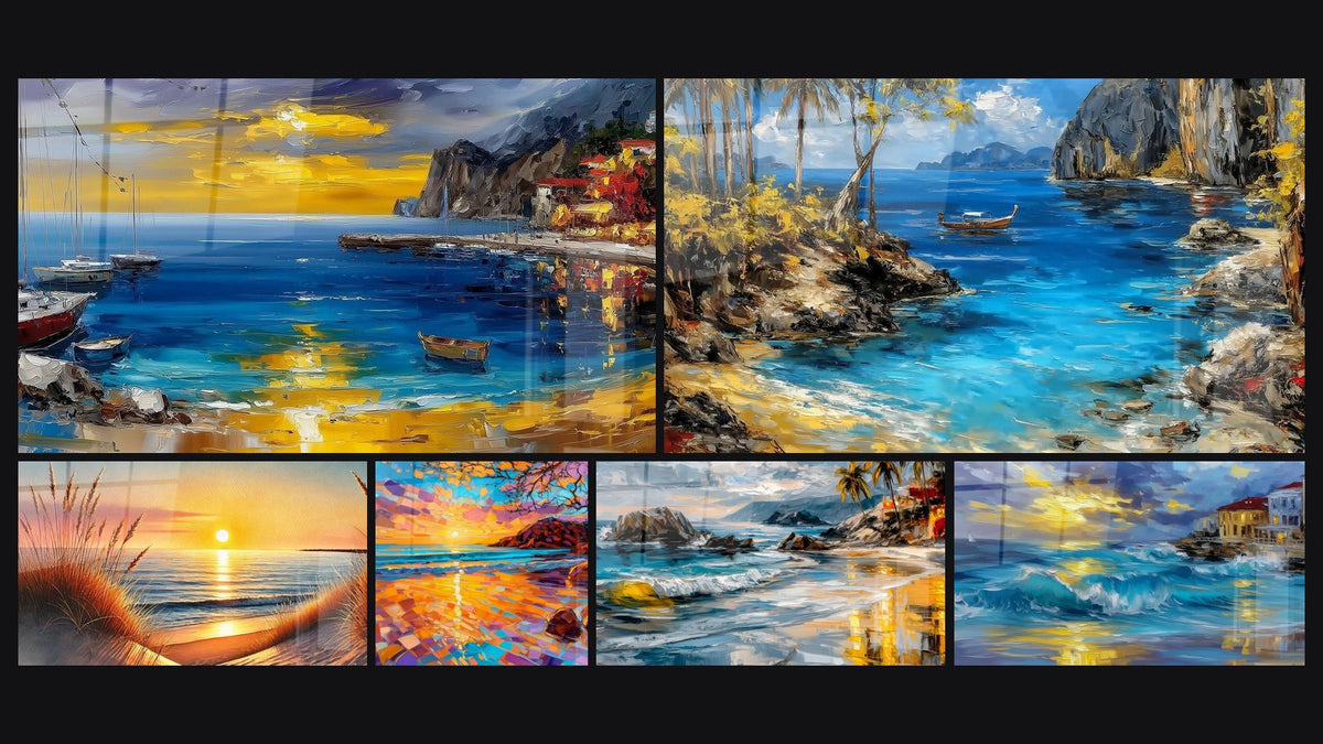 Mosaico di sei quadri, tra cui Port Mediterraneo al tramonto, Riva Tropicale e Quando il Giorno S'addormenta