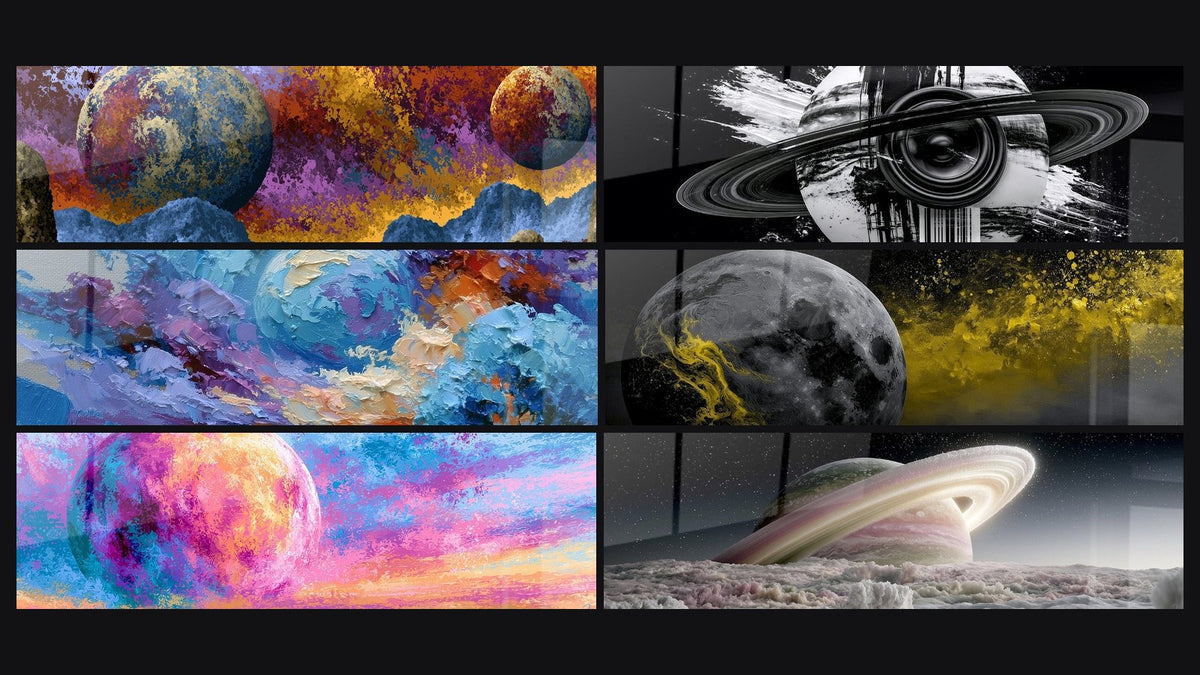 Mosaico di sei quadri, tra cui Planeta Anelli Bianco e Nero e Sfera Blu e Crema con Onde in Stucco
