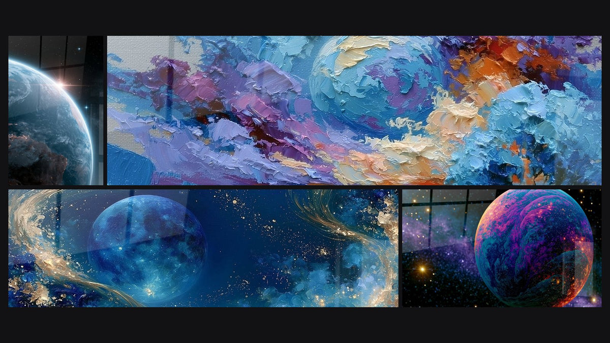 Mosaïque de quatre tableaux, dont Sphère bleue et crème aux vagues empâtées