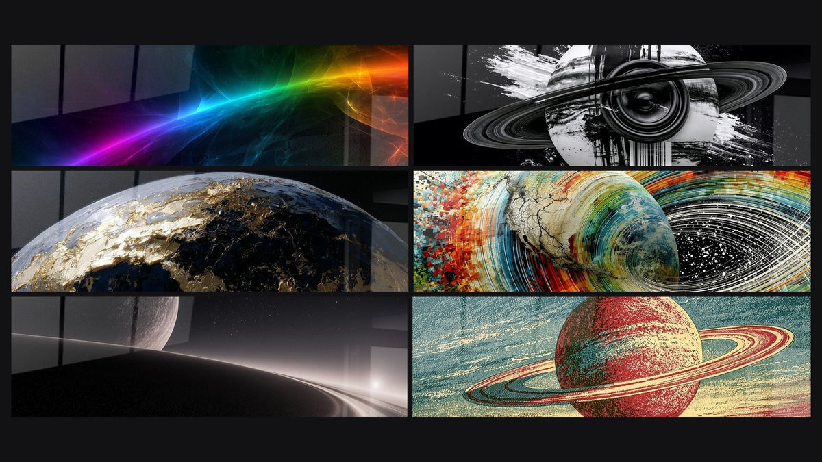 Mosaico di sei quadri, tra cui Planeta Anelli Bianco e Nero e Sfera Nera e Dorata con Crepe Testurizzate