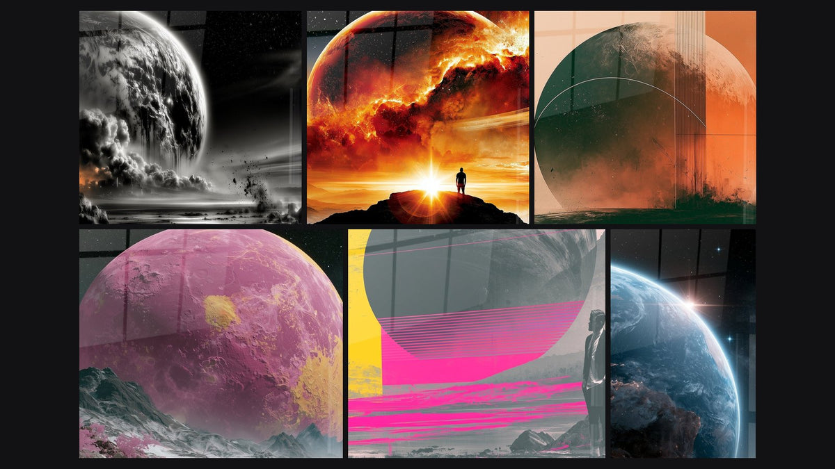 Mosaico di sei quadri, tra cui Planet gigante rosa e dorato e Planeta gigante rosa e giallo ocra