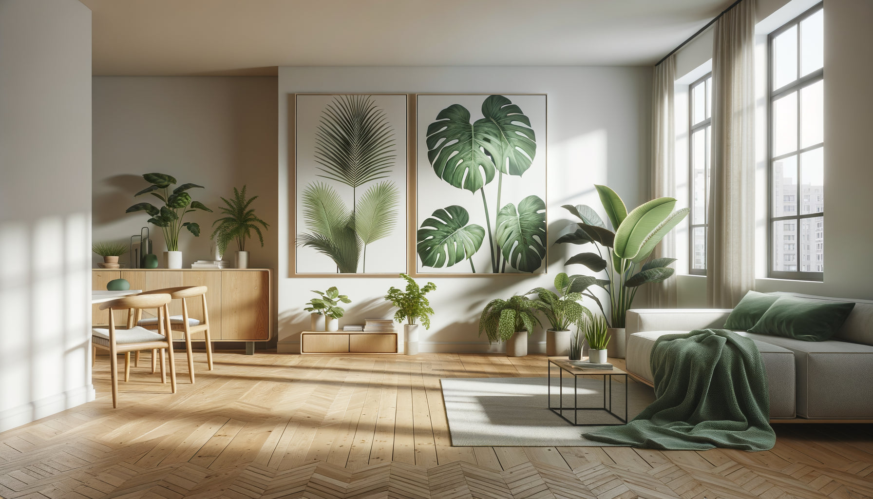 Studio moderne avec grand tableau de plantes tropicales créant une atmosphère naturelle apaisante et une profondeur visuelle