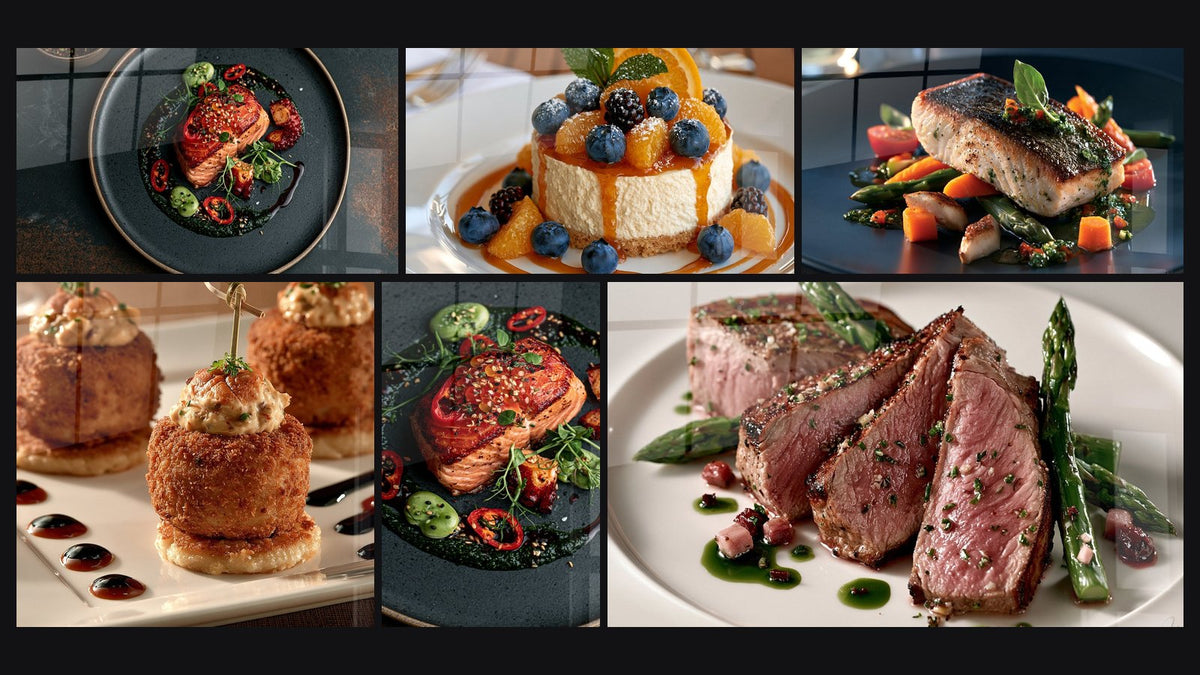 Mosaïque de six tableaux, dont Saumon laqué assiette anthracite et rouge et Cheesecake blanc et bleuets aux fruits