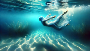 Peinture contemporaine figurative d'un plongeur suspendu gracieusement dans l'eau turquoise, capturant poésie et liberté du mouvement aquatique