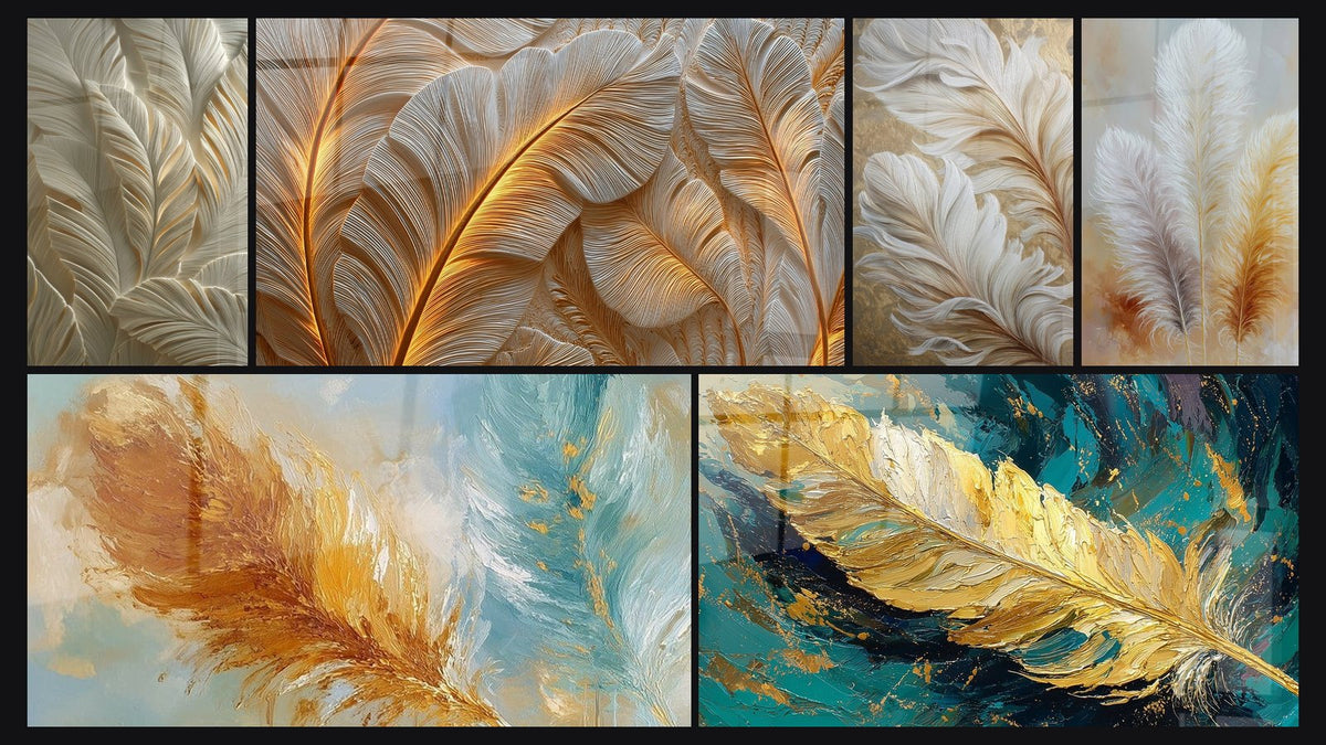 Mosaïque de six tableaux, dont Plumes Dorées en Relief Tridimensionnel et Plumes Dorées aux Reflets Métallisés