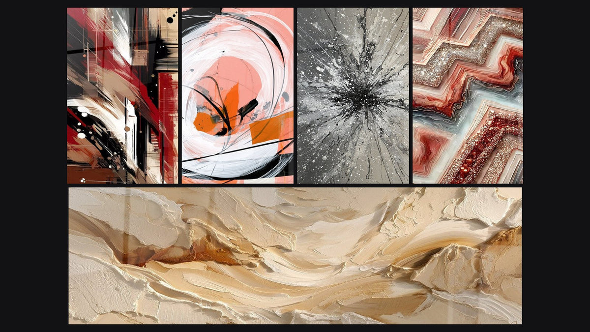 Mosaïque de cinq tableaux, dont Désordre Structuré, Spirale blanche et corail aux traits noirs et Fusion Géométrique