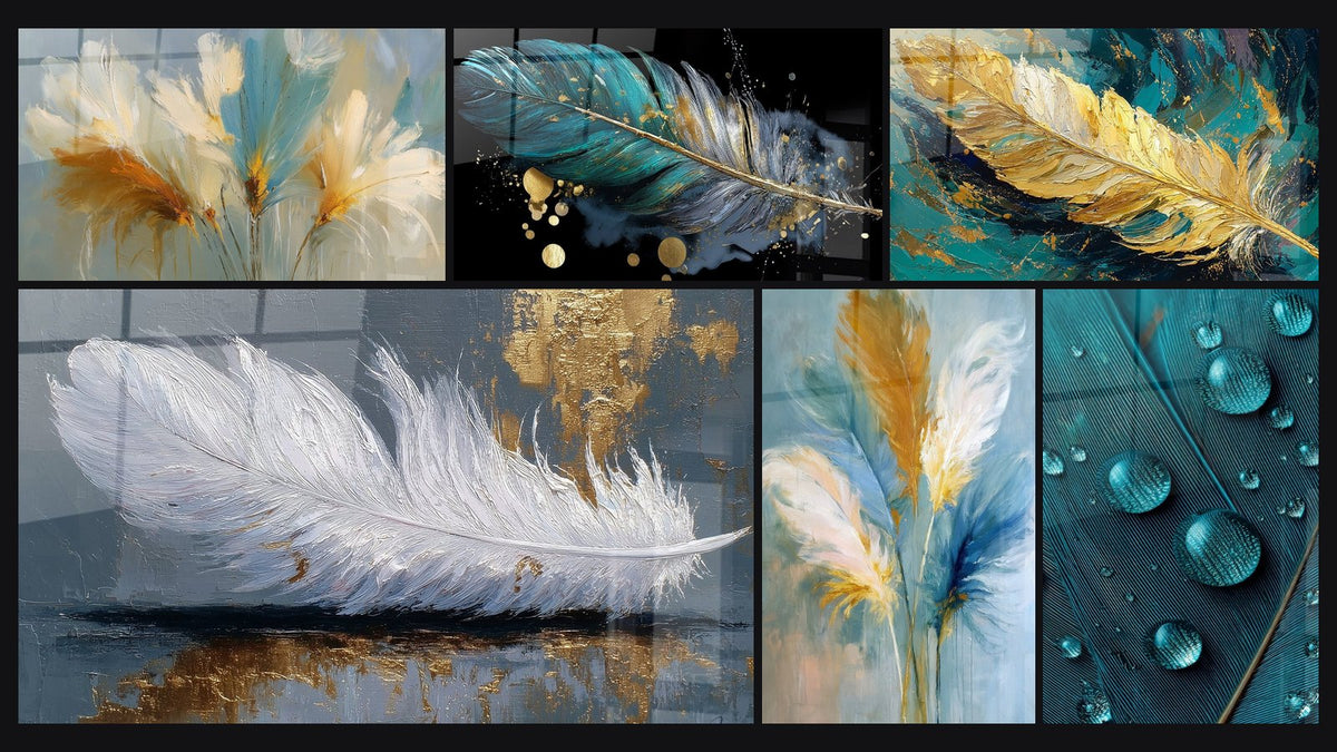 Mosaïque de six tableaux, dont Plume Dorée sur Fond Turquoise et Marine et Plumes Dorées et Bleues sur Fond Azur