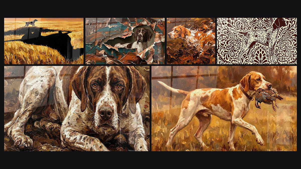 Mosaïque de six tableaux, dont Chien Pointer dans Écorces Déchirées et Pointer Anglais dans Feuillage Automnal