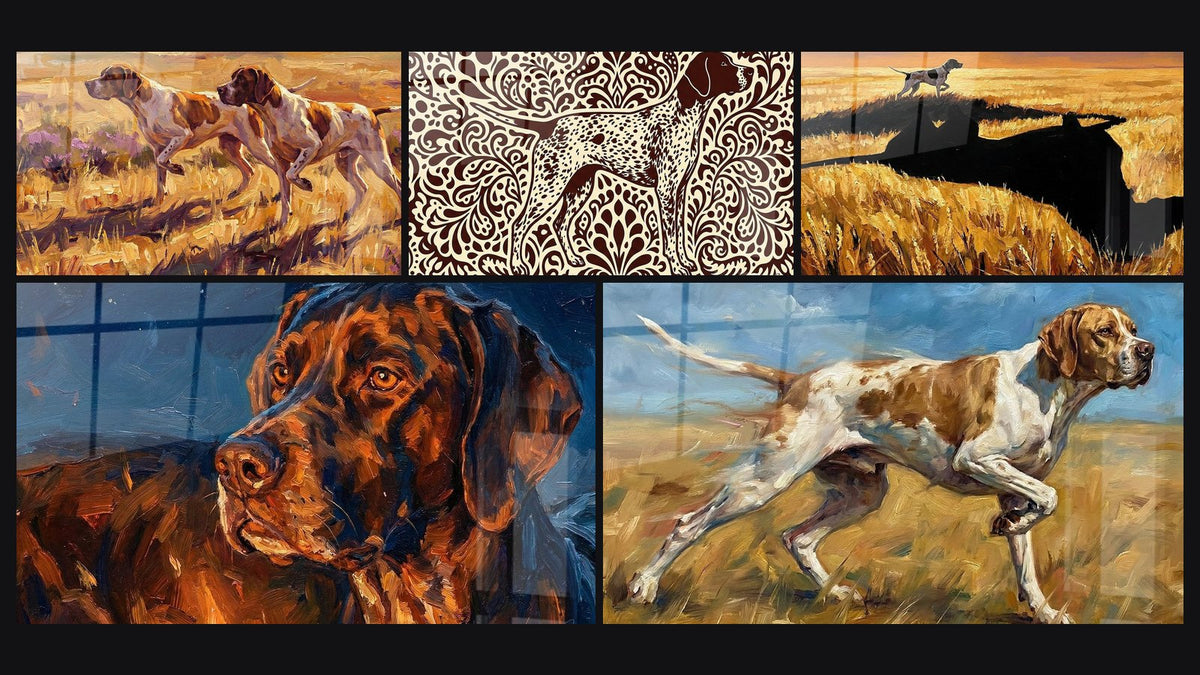 Mosaïque de cinq tableaux, dont Chien Tacheté sur Fond Ornemental Bordeaux et Chien aux Tons Cuivrés et Bleus