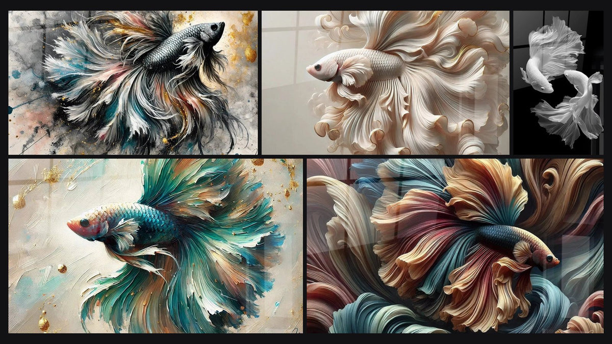 Mosaïque de cinq tableaux, dont Majesté du Combattant, Vagues de Soie et Splendeur Betta