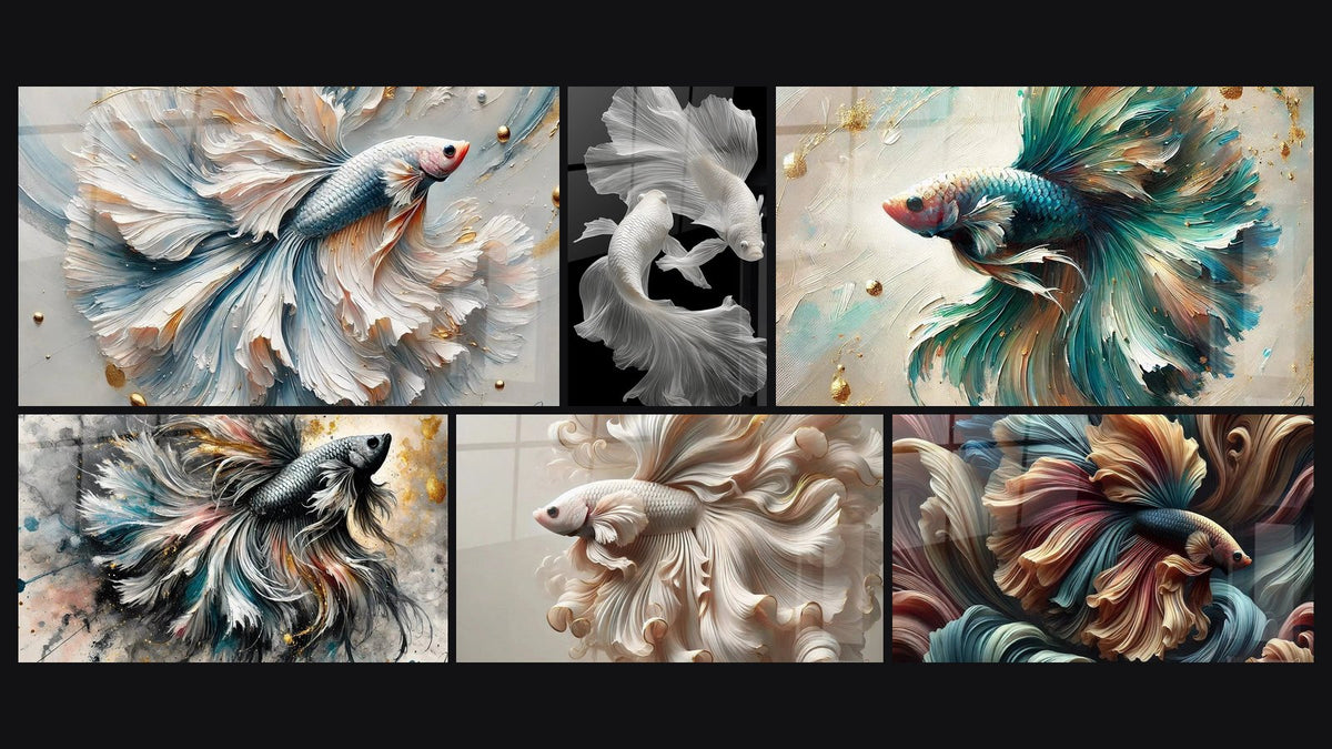 Mosaic of six paintings, including Wave Dance, Majesty of the Fighter and Betta Fish