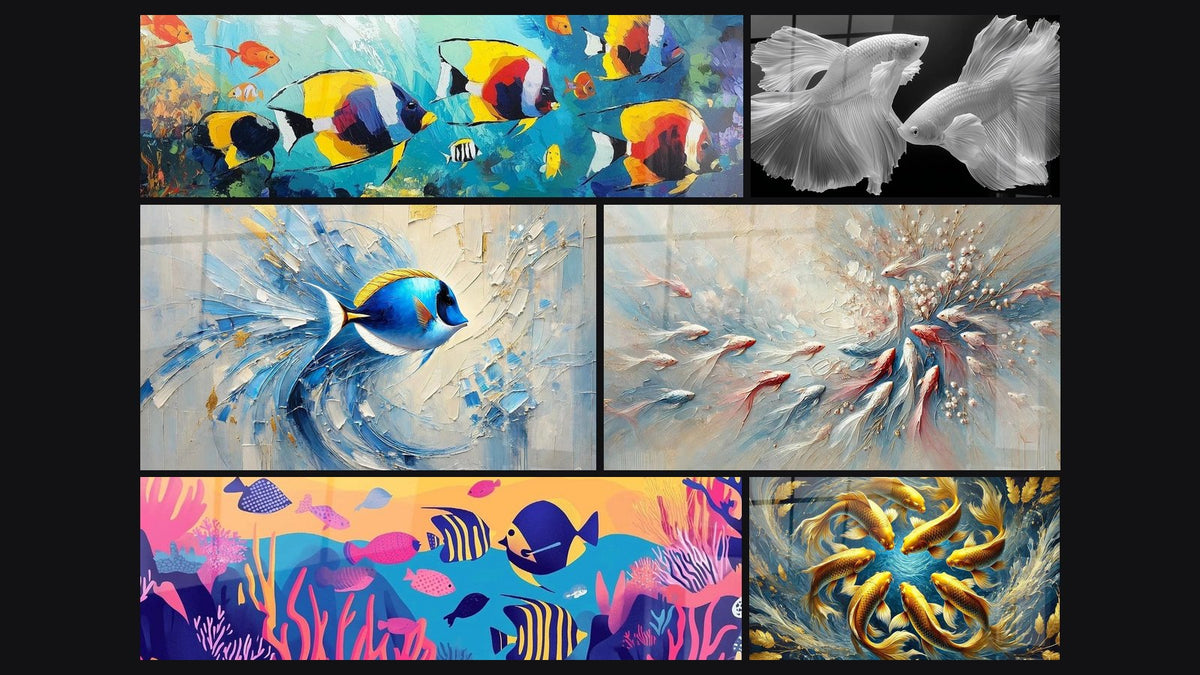 Mosaik aus sechs Gemälden, darunter Fischfestival-Kunstwerk Unterwasserwelt, Eleganz der Strömungen und Kampffischtafel