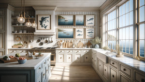 Cuisine côtière élégante avec tableau raffiné de poissons et fruits de mer, décoration marine authentique contemporaine