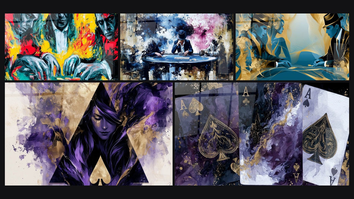 Mosaic of five paintings, including Blue and Gold Players Around a Table and Three Aces Purple and Gold Table