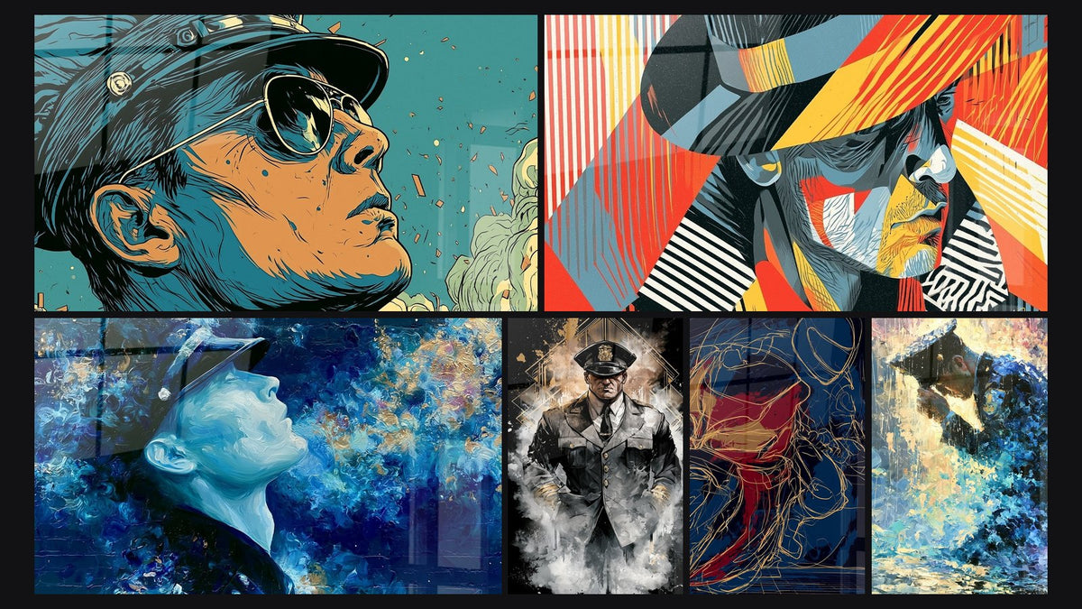 Mosaïque de six tableaux, dont Policier casqué aux lunettes aviateur et Policier au visage renversé bleu doré