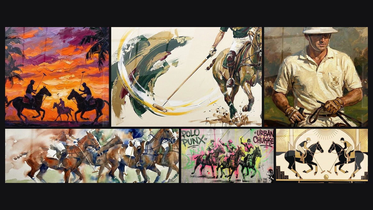Mosaico di sei quadri, tra cui Polo Acquerello, Polo Arte di Strada e Polo