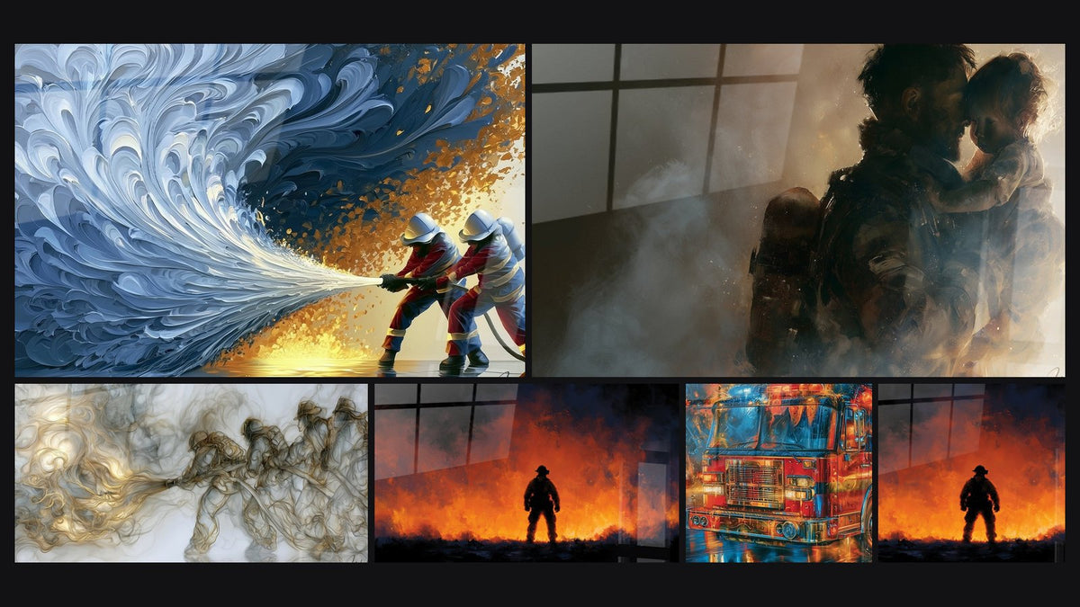 Mosaïque de six tableaux, dont Pompiers projetant une vague bleue dorée et Pompiers de fumée dorée et grise