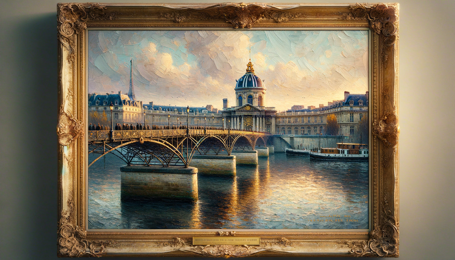 Peinture impressionniste du Pont des Arts à Paris avec technique aux coups de pinceau visibles et atmosphère poétique parisienne
