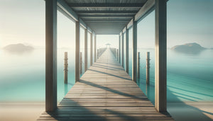 Ponton en bois s'étendant vers l'horizon marin avec perspective linéaire créant illusion de profondeur