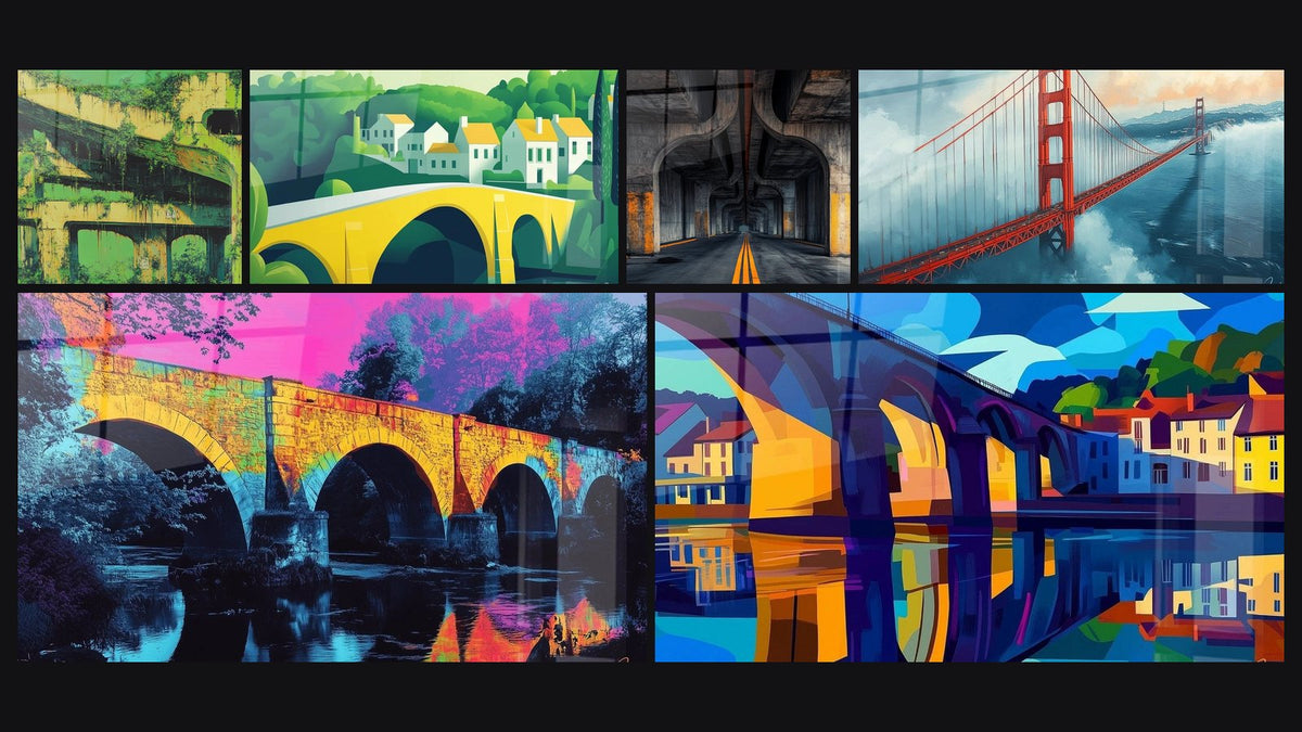 Mosaïque de six tableaux, dont Infrastructure Urbaine, Pont Urbain Moderne et San Francisco Rêvé