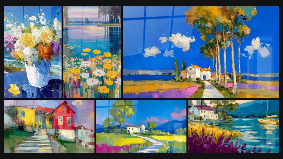 Mosaïque de six tableaux, dont Bouquet Explosion Florale, Maisons Escalier Vibrant et Paysage Campagne Vibrante