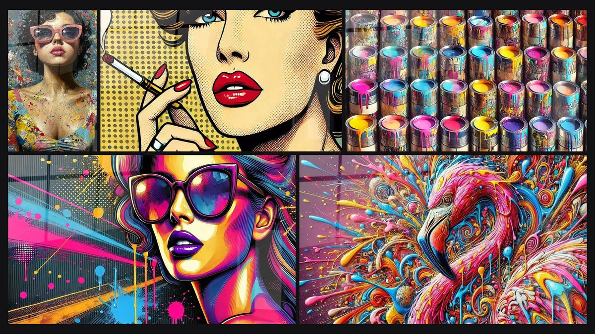 Mosaico di cinque quadri, tra cui Fumo Pop, Lo Spirito Pop e Fiamma del Fenicottero