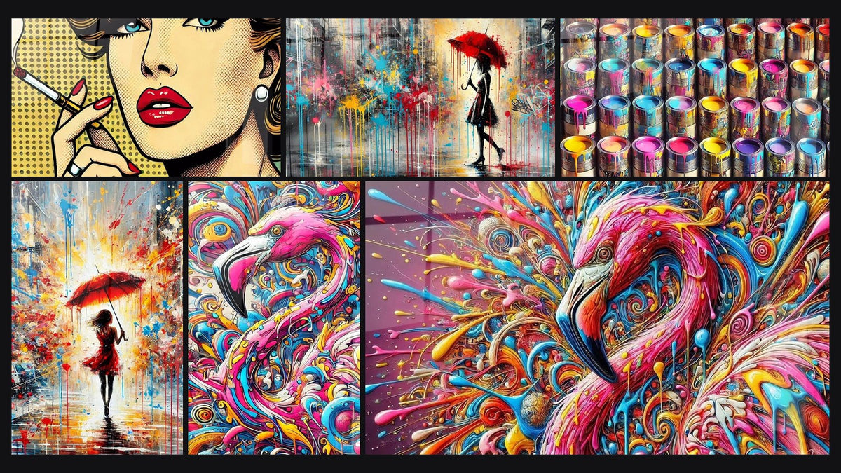 Mosaïque de six tableaux, dont Fumée Pop, Pluie de Couleurs et Vortex de Couleurs