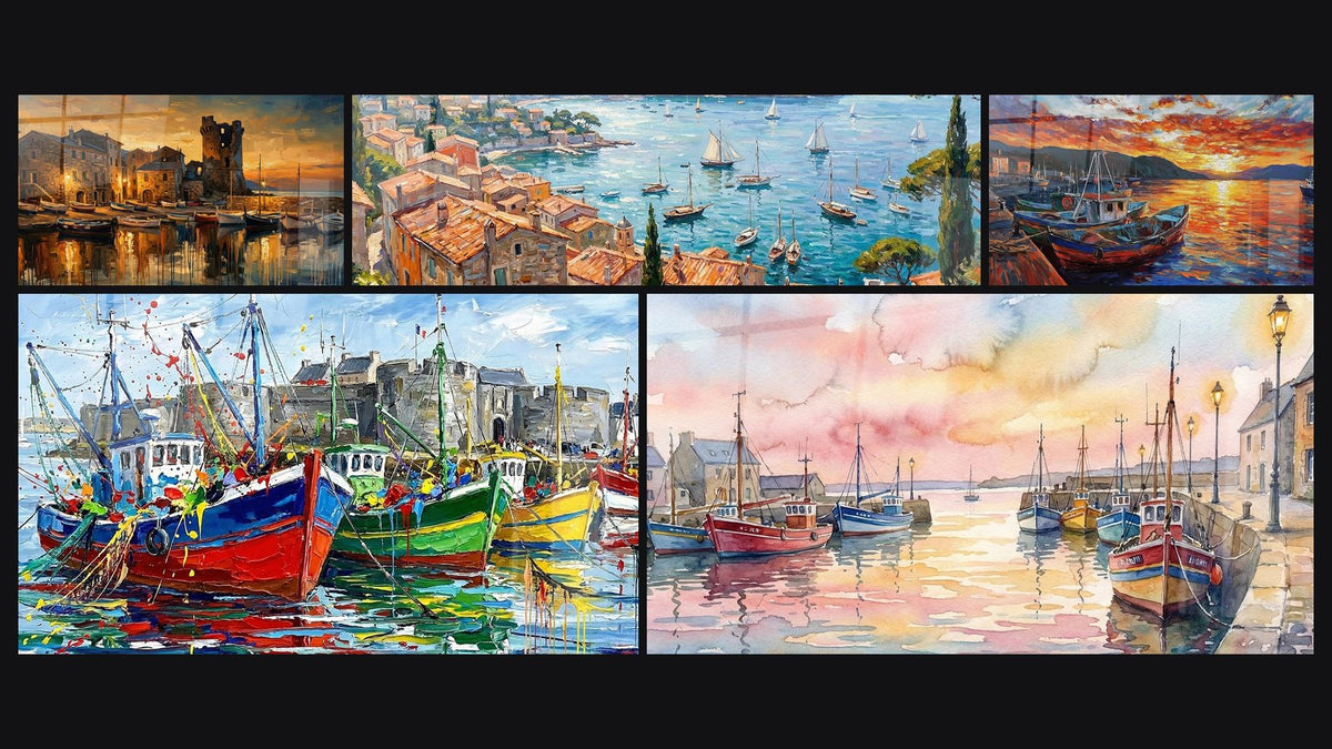 Mosaïque de cinq tableaux, dont Port de Pêche Corse, Bateaux de Pêche Colorés et Port Méditerranéen